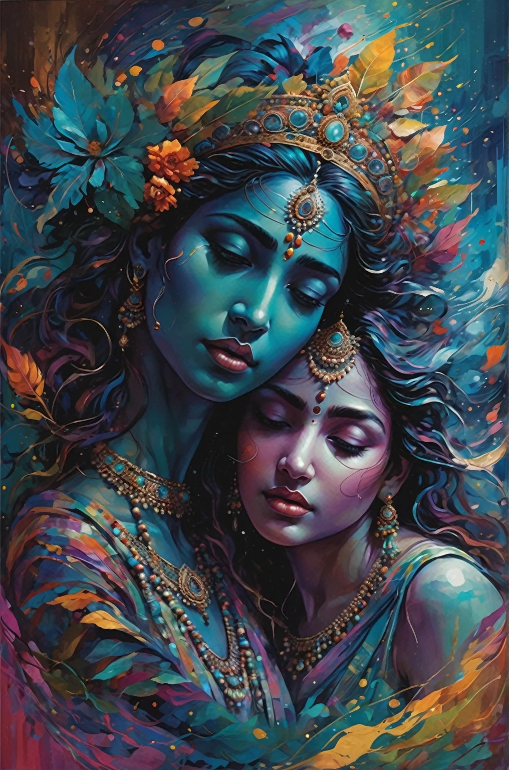  an ethereal and abstract digital painting of Radha and Krishna, centered and looking directly at the viewer. The scene is bathed in soft moonlight, highlighting their divine beauty and connection. The composition approaches perfection with dynamic, fluid lines and energetic brushwork. Bold, vivid colors swirl around them, forming abstract patterns and fractal designs that evoke a sense of cosmic unity and divine romance. The artwork should be highly detailed, with expressive and emotional elements that draw from the styles of Carne Griffiths, Wadim Kashin, and other mentioned artists. 

Incorporate zentangle, mandala, and entangled forms around the figures, blending them seamlessly into the composition. The background features streaming musical notes that add a sense of atmospheric ecstasy, enhancing the mystical ambiance. The image should evoke the most beautiful form of chaos, with Radha and Krishna appearing as elegant, almost otherworldly beings amidst a whirlwind of abstract forms and vivid colors. This 8K masterpiece should be a stunning concept art piece, rich in texture and depth, with a blend of romanticism, brutalist design, and vivid, emotional energy.