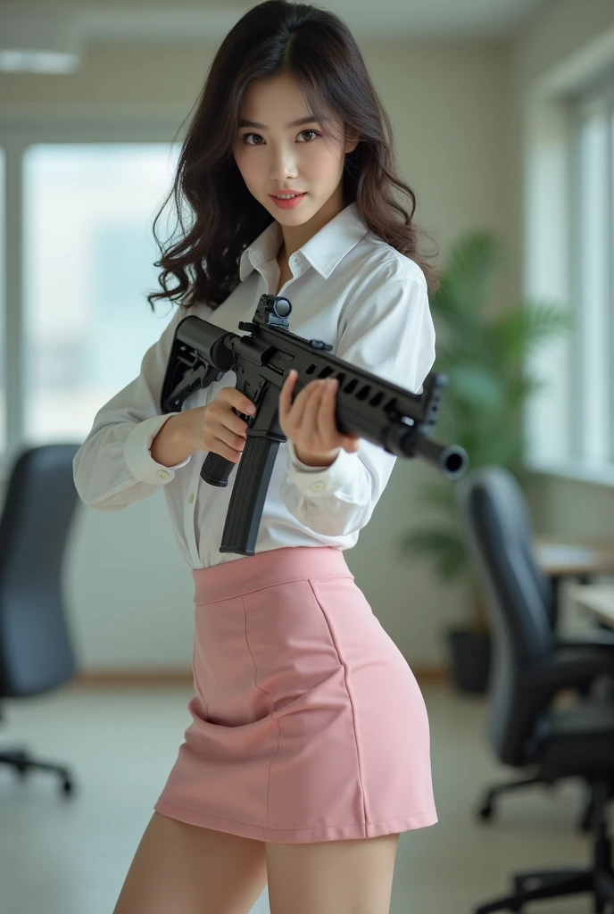 beautiful sweet big eyes office lady korean white shirt pink nylon mini skirt standing legs spread apart hip shoulder firing rifle gun toting force grip aiming side target full portrait
