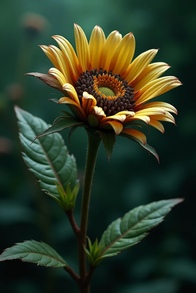 a flower in bloom.((corruption,entropy,decay,resilient, toxic)),((dark green,rusted brown, yellow greenish)),((deep wiew)),photographic,ultra high resolution,hyperdetailed, masterpiece, 3d modelling, digital art.