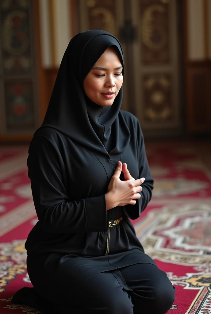 A 40 year old Indonesian Islamic mother with a sexy body, a sharp nose, thick eyebrows, big breasts and buttocks, begged and showed her breasts on a prayer mat. camera in front of him