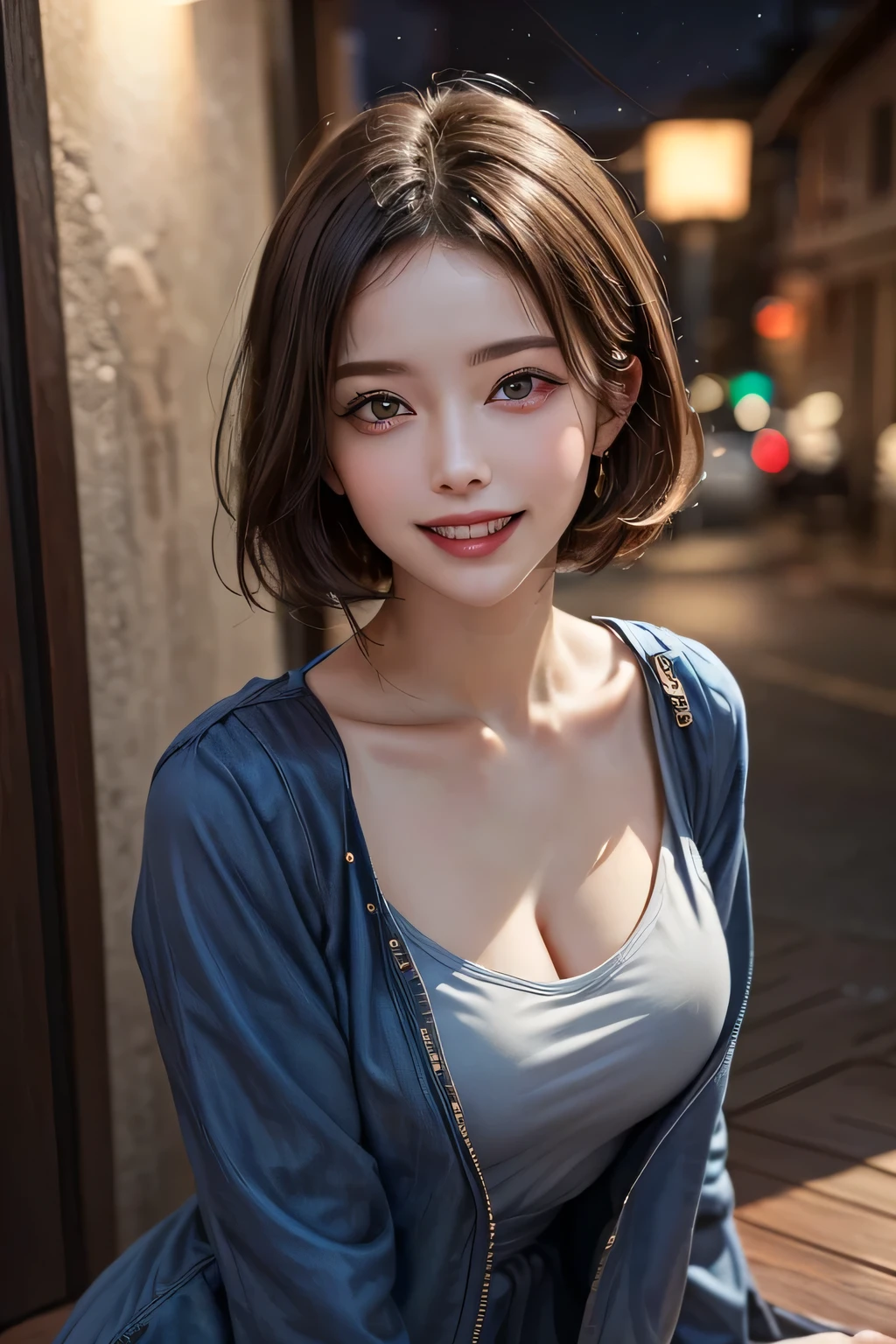 (highest quality, 8k, 32K, masterpiece), (Realistic), (Realistic:1.2), (High resolution), (night:1.7), Japan, cyber punk, 街の景Farbe, In front of the window,Wooden floor, Blue jacket, Grey Shirt, clavicle, jewelry, gem, Brunette Bob, 1 female, 4, (Grin), Beautiful body, beautifulNose, beautifulcharacter design, Perfect Eyes, perfectface, Expressive eyes, View your viewers, Center the image, (Cowboy Shot), Official Art, Very detailed CG Unity 8k wallpaper, Perfect lighting,Farbeful, bright_front_face_Lighting,Glowing Skin, (masterpiece:1.0),(Highest_quality:1.0), 超High resolution,4K,Very detailed, photograph, 8k, High resolution, High resolution, absurdes:1.2, Kodak Port 400, Film Grain, Blurred Background, bokeh:1.2, Lens flare, (Vibrant_Farbe:1.2) (beautiful,chest), (beautiful_face:1.5),(narrow_Waist)