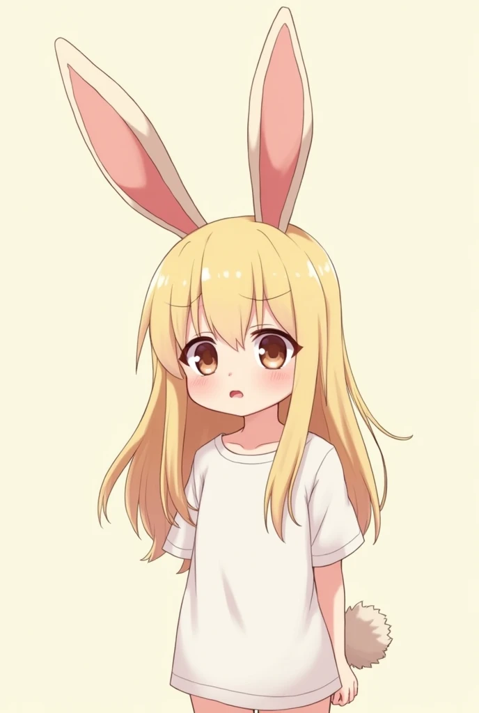 Draw a small anime character with bunny ears, long light yellow hair, wearing a white t-shirt with a bunny tail, looking like he's about to cry.