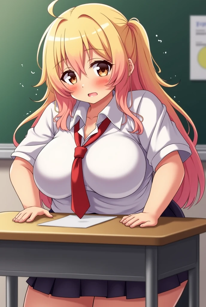 a curvaceous chubby thicc busty gyaru anime girl, fingering herself under her school desk, solo, sweat, steam, blush, looking down, tanned skin, blonde hair, pink hair, gradient hair, brown eyes, cleavage, uniform