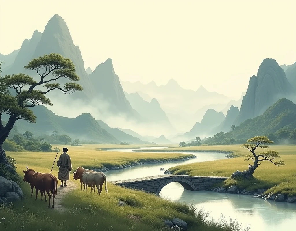 Chinese landscape painting，Ink画，Ink，Inky black，Soil，Vision，Ultra-wide viewing angle，meticulous，Shepherd boy herding cattle，riverside，Small Stone Bridge，grassland，The tree，The scenery is mountains，（8k wallpaper），（Light and shadow effects），Octane Rendering，White balance design，高度detailed的图像描绘，Wide Angle，Depth of Field，masterpiece，Realistically，Beautifully depicted，detailed，Acura，masterpiece，masterpiece