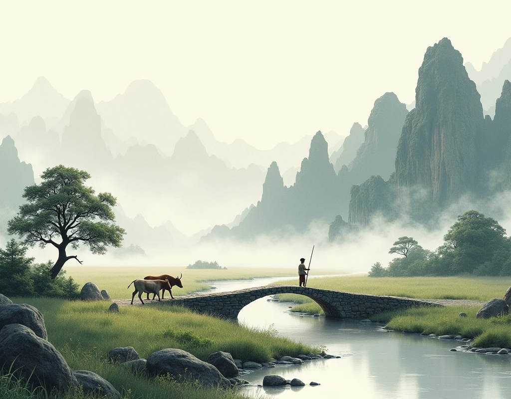 Chinese landscape painting，Ink画，Ink，Inky black，Soil，Vision，Ultra-wide viewing angle，meticulous，Shepherd boy herding cattle，riverside，Small Stone Bridge，grassland，The tree，The scenery is mountains，（8k wallpaper），（Light and shadow effects），Octane Rendering，White balance design，高度detailed的图像描绘，Wide Angle，Depth of Field，masterpiece，Realistically，Beautifully depicted，detailed，Acura，masterpiece，masterpiece