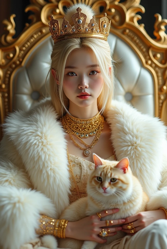 sexy young korean girl, korean, realistic, real,8k, clean, 18-year old girl with a blonde gorgeous hair, pale skin, her face is also very beautiful but and looks mature. sexy, She has a fit body. wearing huge white fur coat, big leopard fur hat, fur coat covering all the body, wearing big fluffy fur, sitting on golden throne on the fur mug, gold necklaces, alots of gold jewerly, white skin,princess handsome, petting cat, gorgeous face, she has slim body,wearing huge white fur coat, many jewelry, alots of gold jewelry, every finger has golden rings, her sexy leg , she wearing fur slippers, holding a feather stick, fluffy feather stick, wearing huge crown, she has huge titties