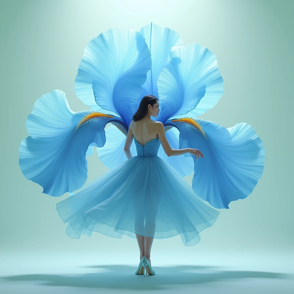 Light green background, minimalist, elegant, pure gentle, soft light, photorealistic. Giant blue large iris with huge and long petals. (petal of thin and soft tulle, flowing petals on a full background, floating petals, hyperflying petals, mix of smoke effects from colored fog on the ground and petals). Extravagant, beautiful woman in full growth, stands in the middle of a flower, beautiful legs, shoes, in a pose of fast dancing, (super-detailed face, hyperrealistic) poses with, a woman jumps in a dance, the center of the iris in the photo, a woman looks at the viewer, resolution 8k, masterpiece, highest quality,