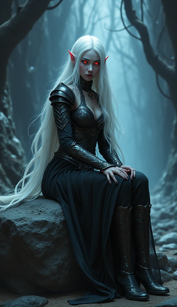 Drow female from baldur's gate, best quality, ultra-detailed CG unity 8k wallpaper, sitting on a boulder, legs crossed classy, high resolution, dynamic pose, beautiful face, (dark platemail, red eyes), depth of field, underdark setting, magic light), (high fantasy) (white Hair, long flowing hair)
