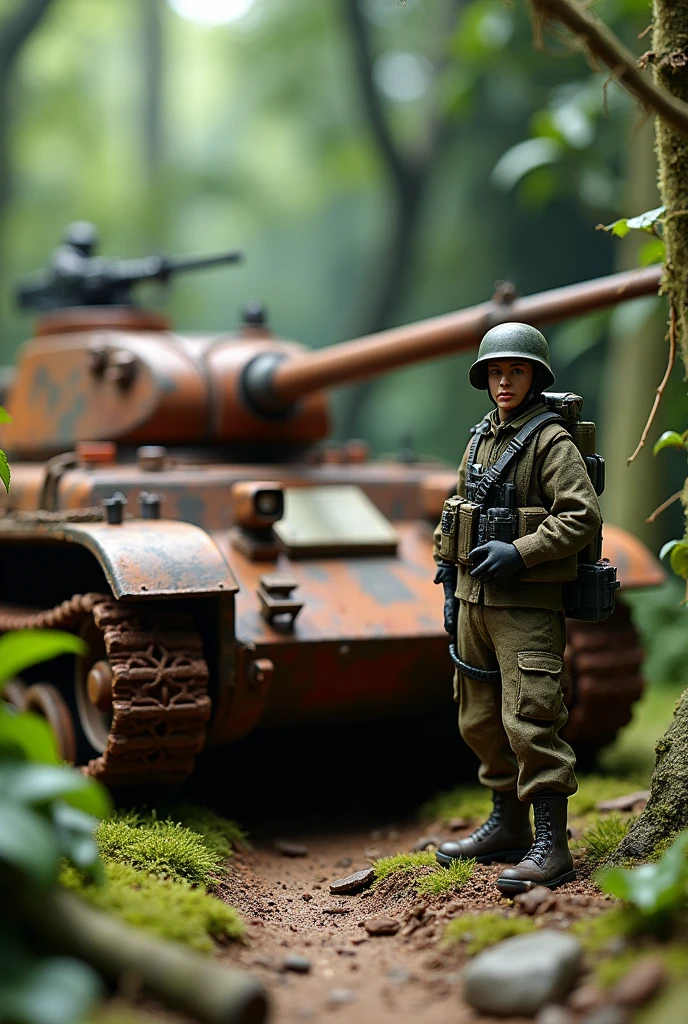 Plastic model of a soldier and a rusty tank Jungle background