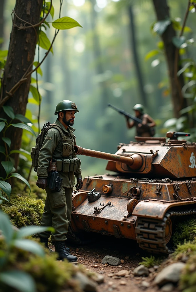Plastic model of a soldier and a rusty tank Jungle background