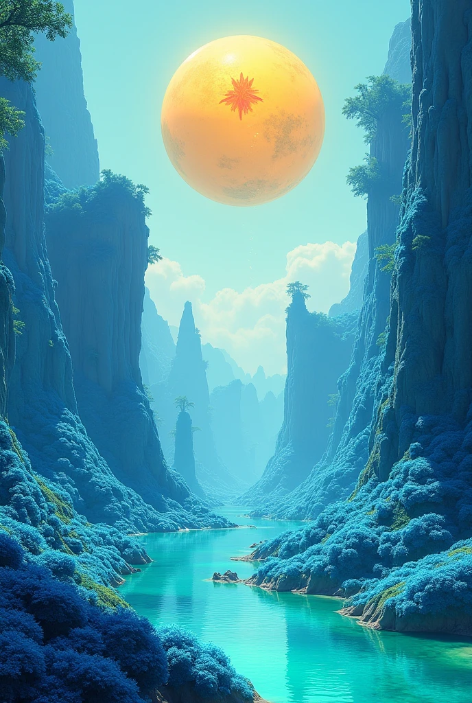 Make a planet where the straw is blue and the water is green (The trees are also blue*
The water is green, above a tree there is a yellow sphere with an orange star