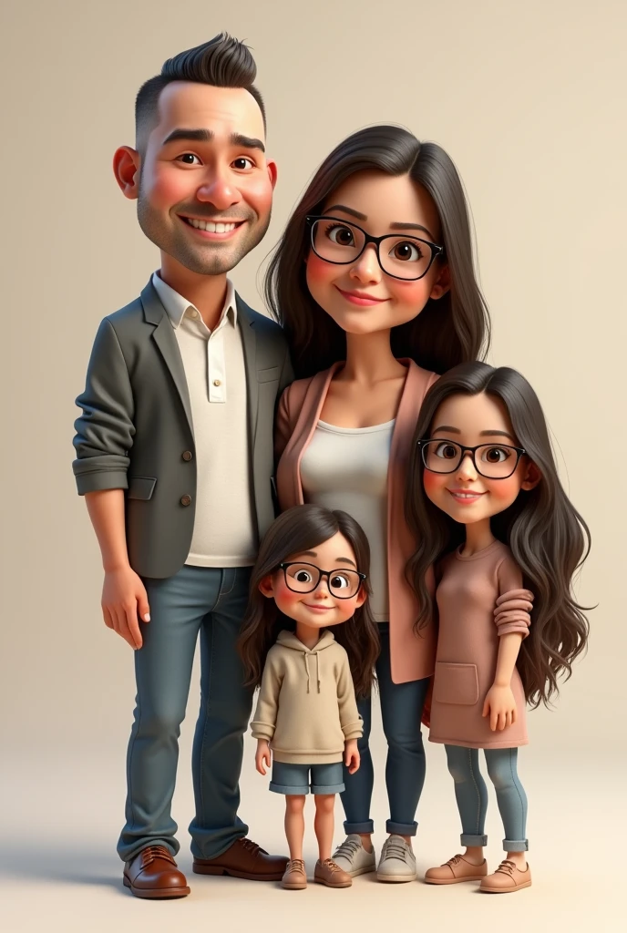 3D realistic caricature drawing. The family consists of: A 50-year-old father with buzz hair. A 4 chubby mother with brown hair. Two teenage girls, with long black hair and glasses.