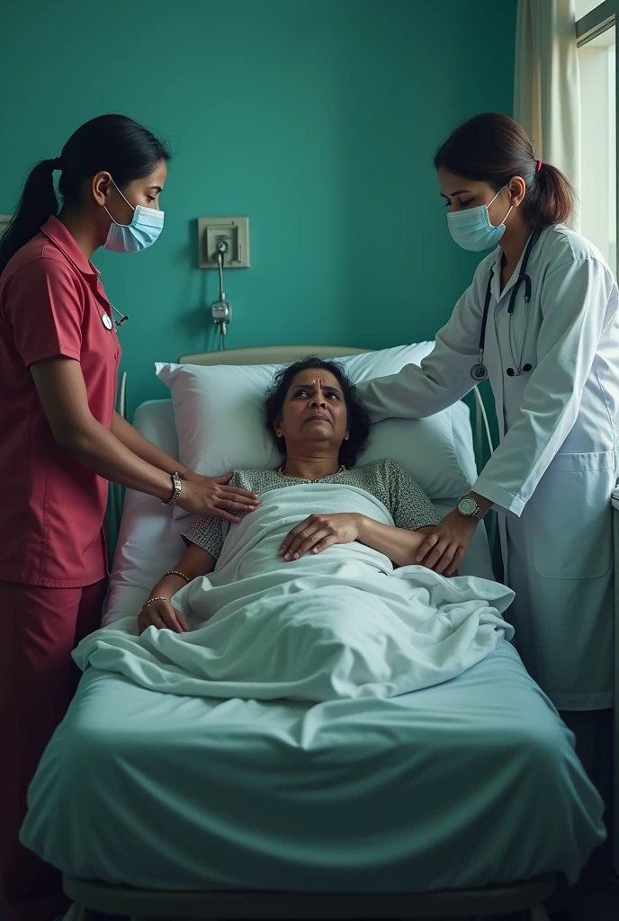 A bangladeshi woman her age is 45, she lies in magura shadar hospital beds on oxygen, cover by blankets, beside a nurse and a doctor