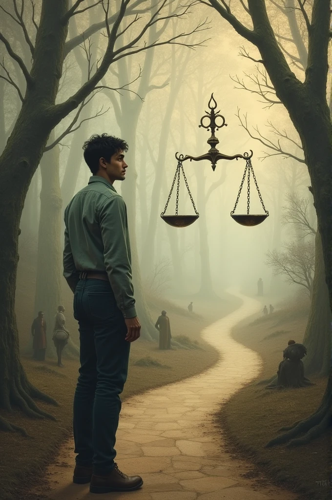 The image may show a person in a moment of reflection before making a decision., with symbols that represent moral choices (like a forked road or scales). It could include other people who are affected by that decision., showing how individual actions impact the community.