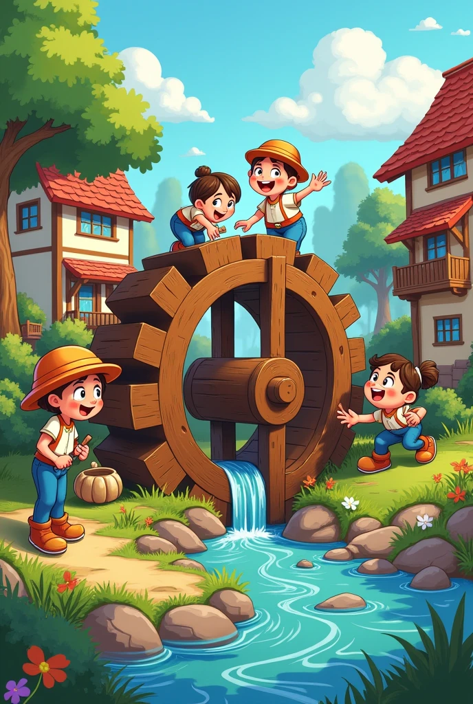 cartoon village people making water wheel