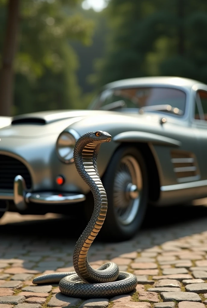 generates an image of a car with a small snake statue in front of the car and with small snake details