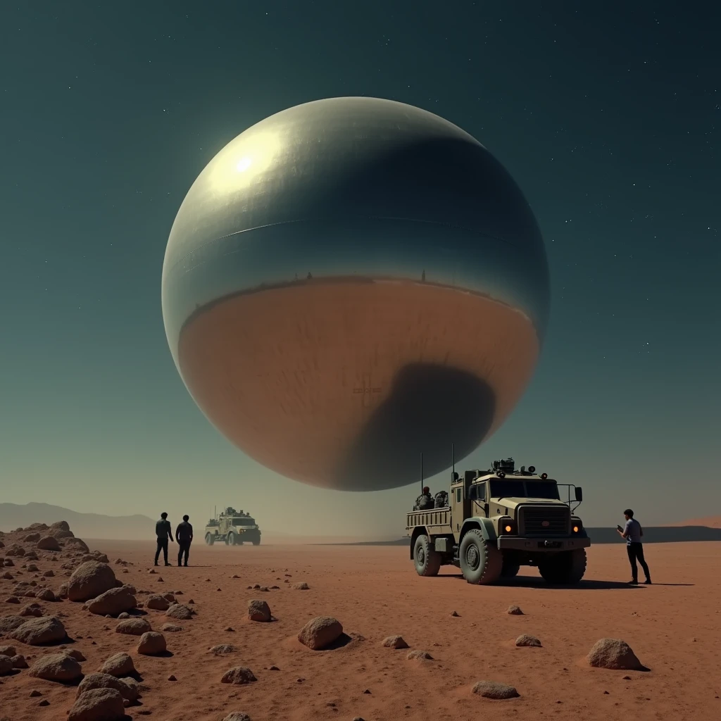 A massive smooth surfaced mirrored sphere hovers above the desert floor at night, military vehicles face away from the viewer toward the sphere, photo realistic