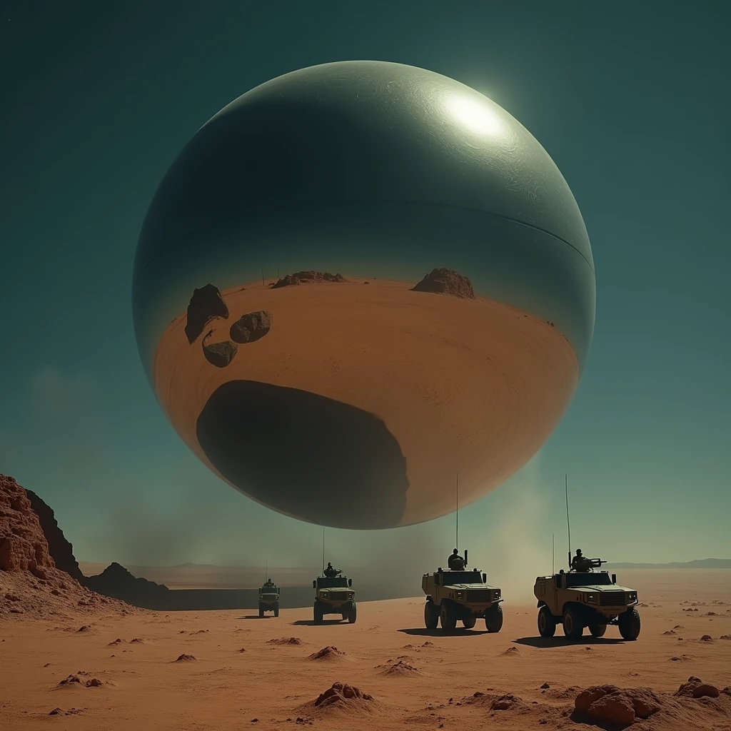 A massive smooth surfaced mirrored sphere hovers above the desert floor at night, military vehicles face away from the viewer toward the sphere, photo realistic