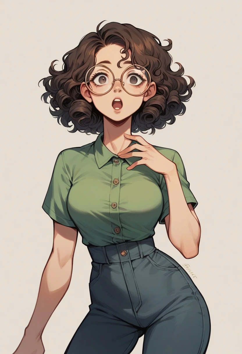 Woman, breasts small, Brunetette, Eye Brown, Round white glasses, curly C3, middle mouth, round portruding chin, Waist slender, medium hip, short curly hair, black, human, dark brown hair, Curvy Body