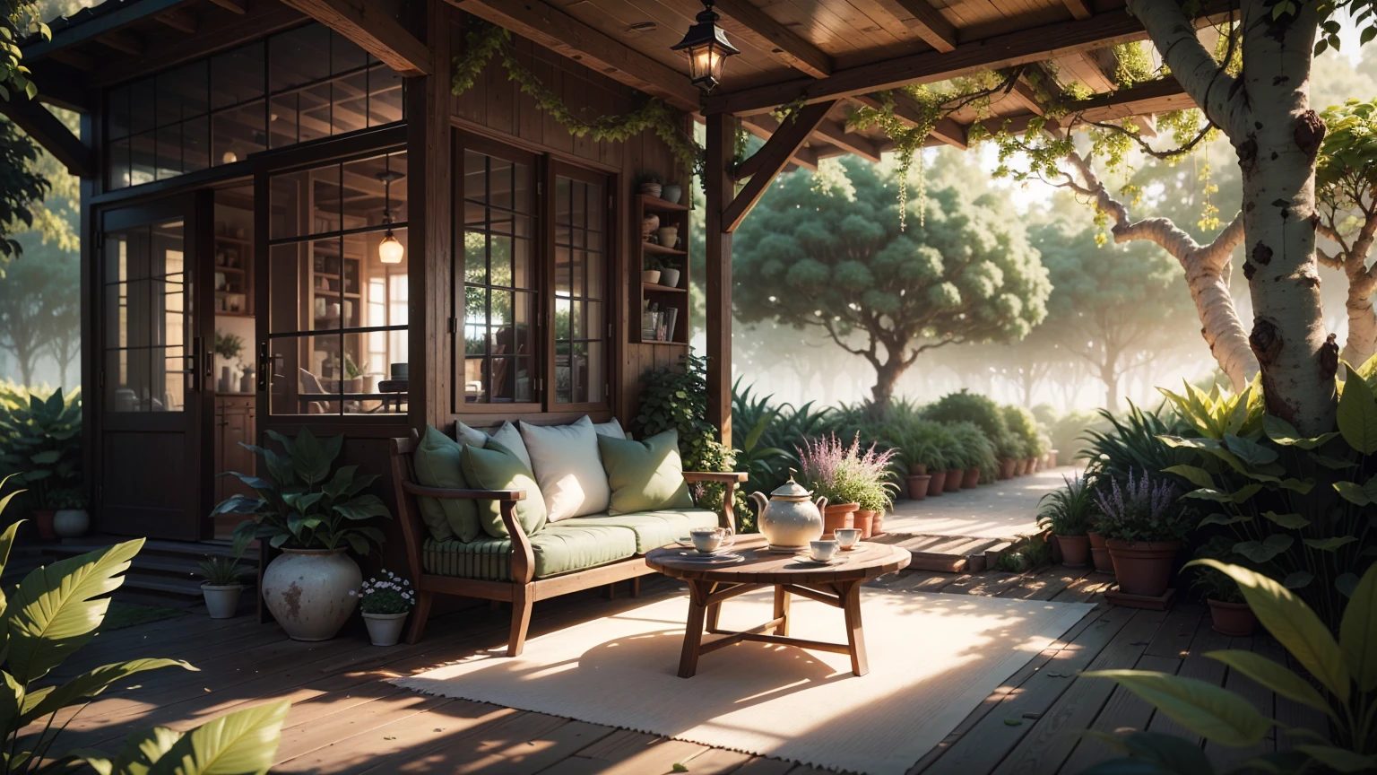 A magical courtyard in front of an elegantly designed house with soft, curved architecture, located by the sea in a lush jungle. The setting sun filters through the canopy, casting a golden glow over the scene. A cozy tea setup with delicate porcelain cups and a teapot is placed on a stone table surrounded by flowering plants and ferns, with the sea breeze rustling through the leaves. Enchanting Evening Retreat. Envision a cozy courtyard by a beautiful, fairy-tale house, The house glows with a cozy light, nestled in a garden teeming with diverse flowers and bushes. The garden is alive with colors and textures, from delicate blossoms to thick, leafy foliage. The setting sun bathes the scene in a warm, ethereal glow, with a tea table perfectly placed to enjoy the peaceful ambiance. A cozy tea setup with delicate porcelain cups and a teapot is placed on a stone table surrounded by flowering plants. masterpiece, Best Quality, (highly detailed CG Unity 8k wallpaper), (Best Quality), (Best Illustration), (BEST SHADOWS), Natural elements in the forest theme. mysterious forest, Beautiful forest, nature, surrounded by flowers, delicate leaves and branches surrounded by Fireflies (Natural elements), (Jungle theme), (leaves), (branches), (Fireflies), (particle effects), etc. 3D , Octane Rendering, Ray Tracing, super detailed
