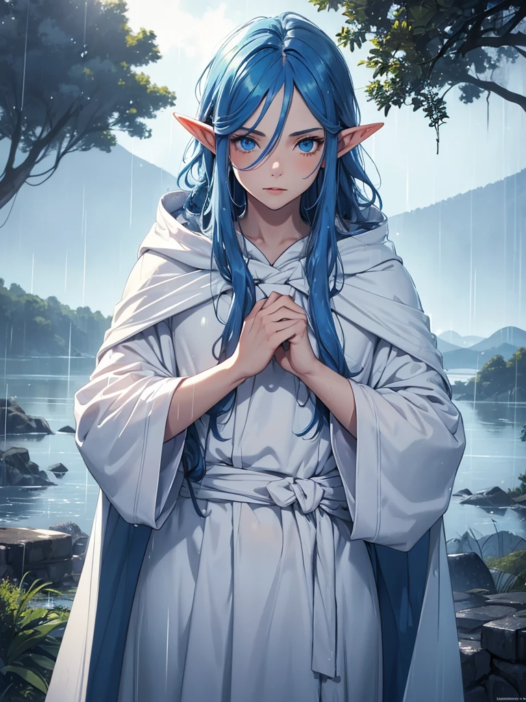 1 man, elf, blue hair, long hair, blue eyes, white clothes, long white cloak, plump lips, straight nose, cloudy sky, rain, wet hair, wet clothes, detailed background, deep blue lake