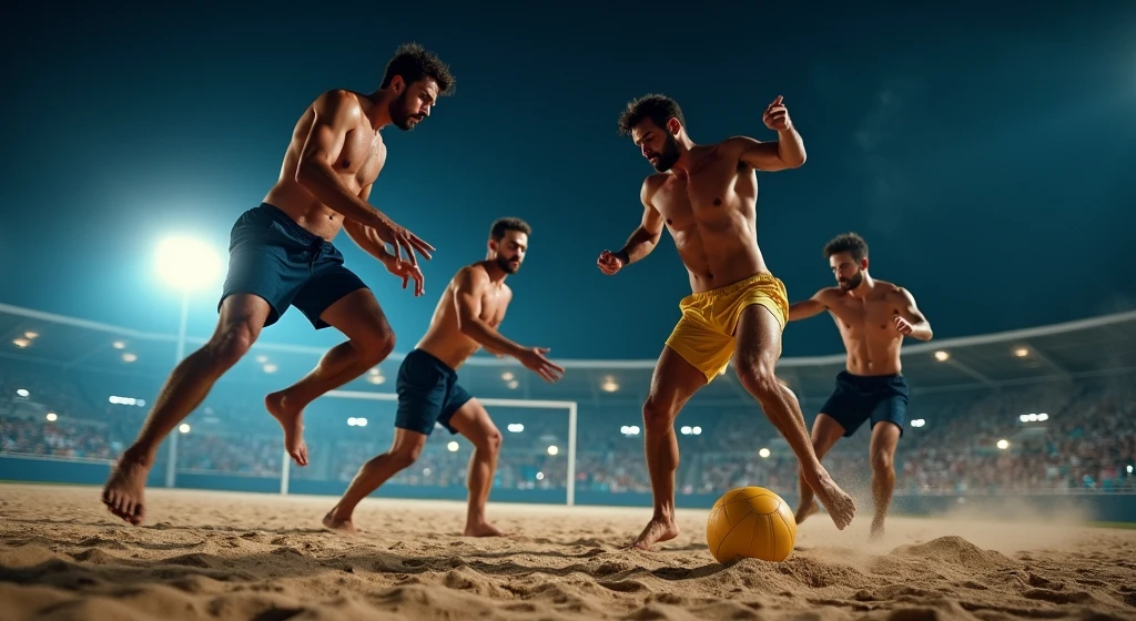 A high-quality, professional DSLR photo of a night-time footvolley match with four players, intensely focused on the ball. The bright stadium lights cast sharp shadows on the sand, captured with exceptional clarity and detail, while a cityscape softly glows in the distant background.