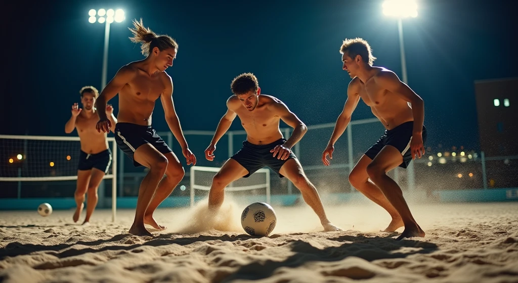 A high-quality, professional DSLR photo of a night-time footvolley match with four players, intensely focused on the ball. The bright stadium lights cast sharp shadows on the sand, captured with exceptional clarity and detail, while a cityscape softly glows in the distant background.