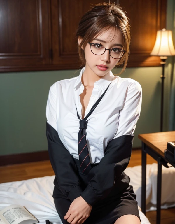 Tabletop、(masterpiece:1.3), (8k, Photorealistic: 1.4, RAW Photos, Best image quality: 1.4), Japanese Idols、Super detailed face、Attention to detail、Genuine、 double eyelid、Big and attractive eyes,Perfectly beautiful eyes、 Sharp focus:1.2、Beautiful woman:1.5、 Light brown hair、 Highest quality、masterpiece、Ultra-high resolution、Depth of written boundary、Perfect Shadow、(Photorealistic:1.4)、 Highly detailed and professional lighting、 Perfectly shaped、Symmetrical face、beautiful girl,Sharp focus, Perfect Anatomy,Realistic Light、business suit、skirt、classroom、Large black-rimmed glasses、realistic glasses、Hair pulled up and tied up、
