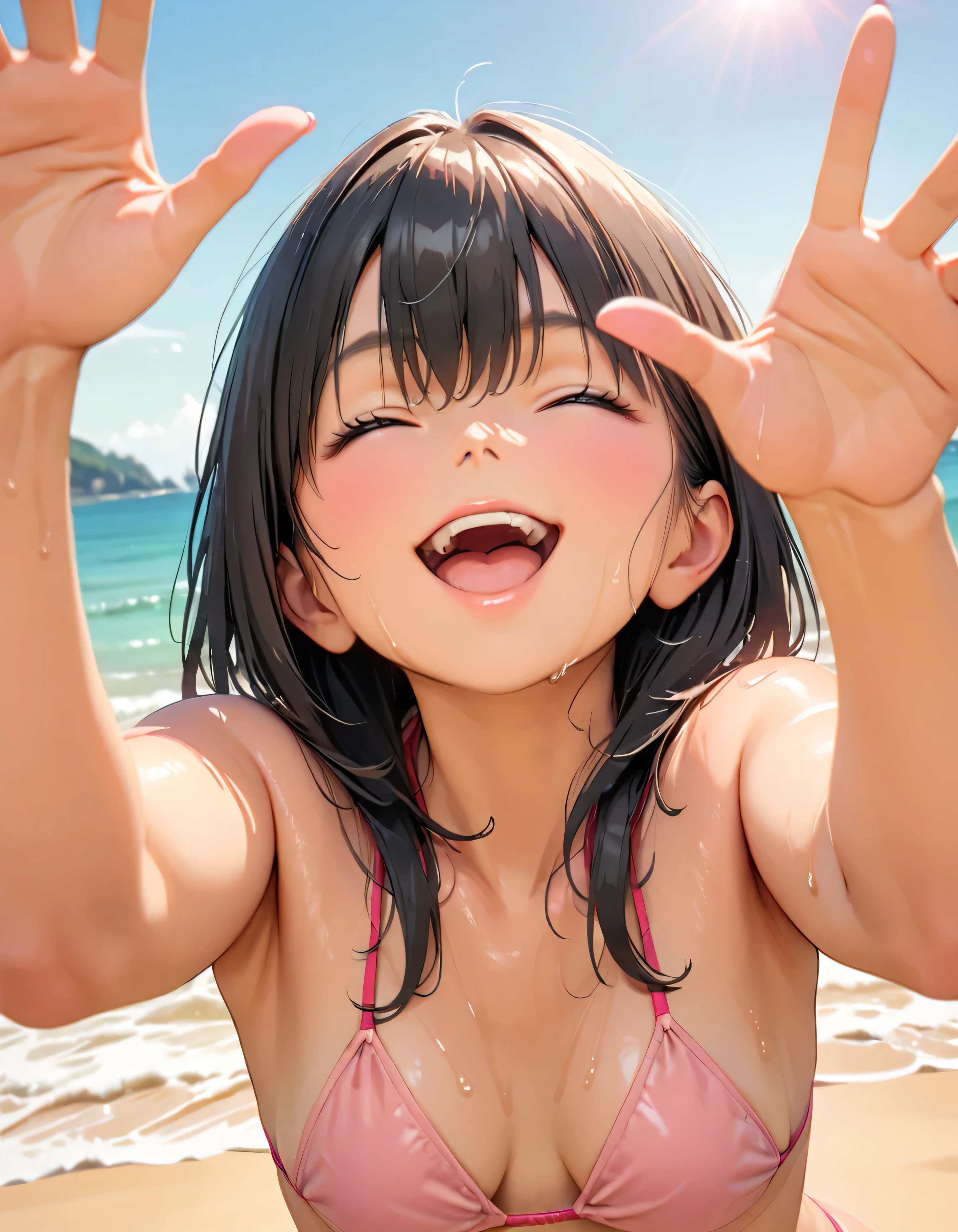 (Highest quality:1.2, Very detailed, up to date, Vibrant, masterpiece:1.2, Highest quality, Best aesthetics), smile, ((Face Up Shot:1.4)), 1980s style, 8k Ultra HD, Background Blur, smile, One Woman, Woman in bikini, Strong sunlight, Seaside, sunny, Summer sunshine, Wet Skin, Sandy Beach, Dynamic Angle, dynamic, Get excited, low length, very young, flat chested, Black Hair