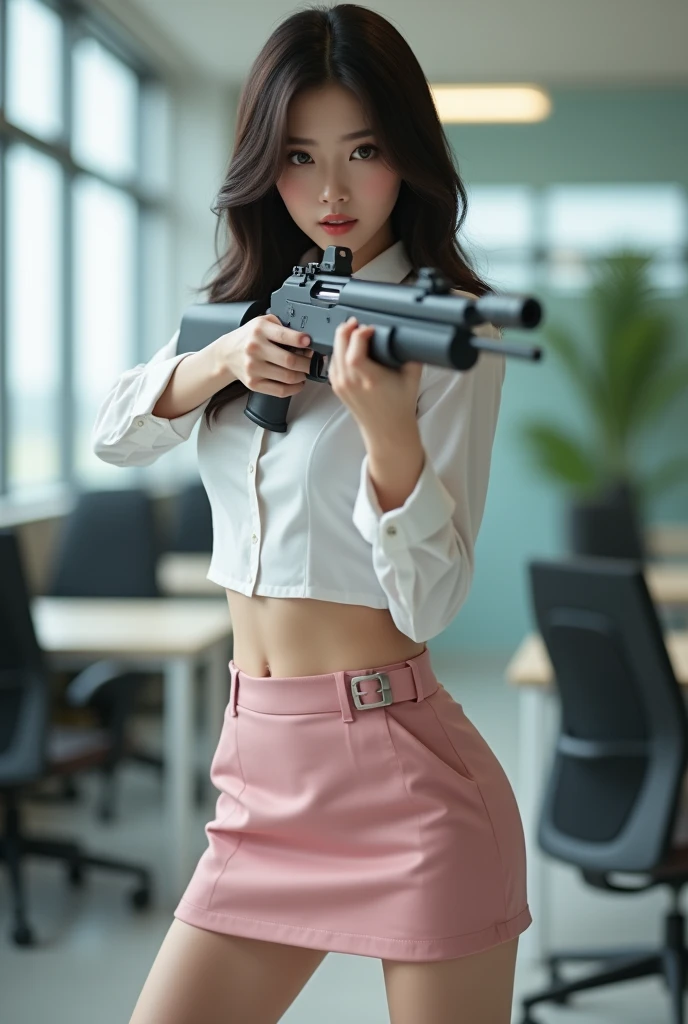 beautiful sweet big eyes office lady korean white shirt pink nylon mini skirt standing legs spread apart hip shoulder firing rifle gun toting force grip aiming side target full portrait