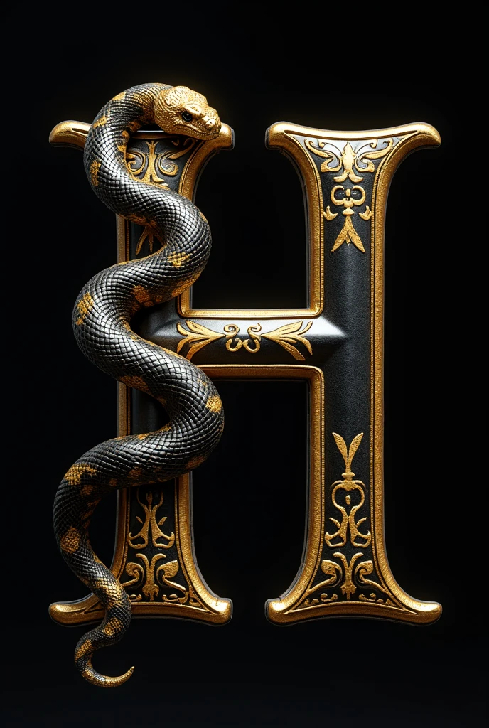 Create the letter H with gold details and a black and gold snake next to it. black backdrop.