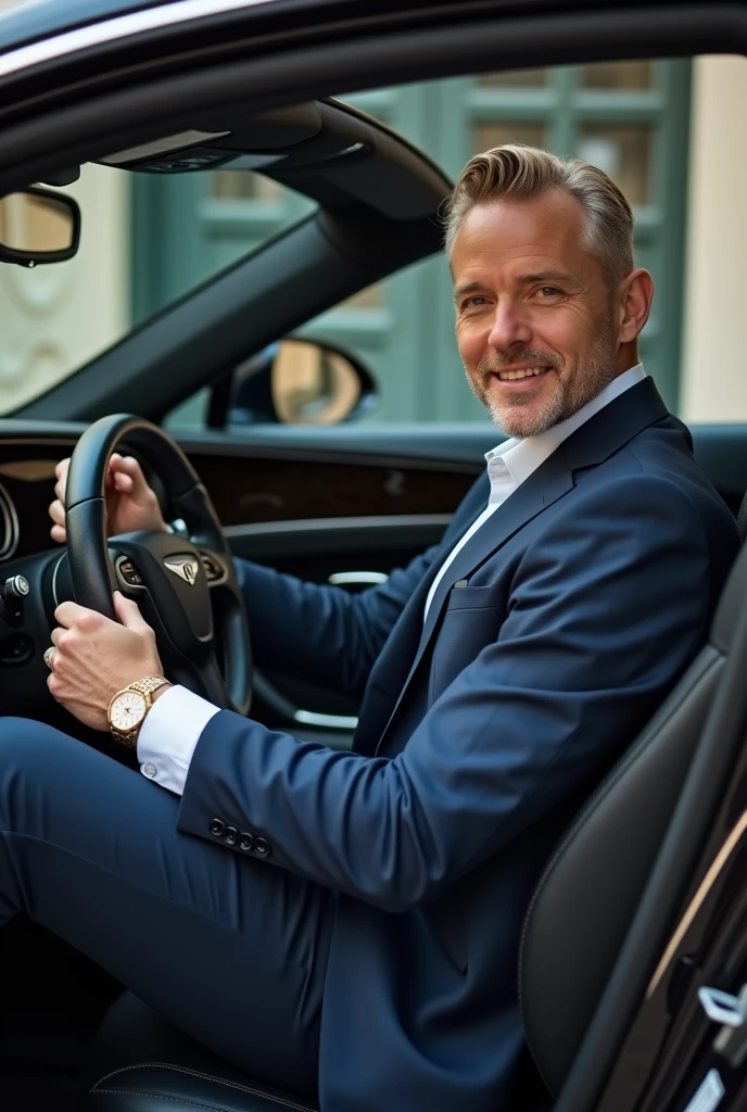  blonde, 40 years old,  man, dark blue elegant suit, gold watch, sitting in car, open window, talking to camera 3 meters from him old garage background, new bentley car