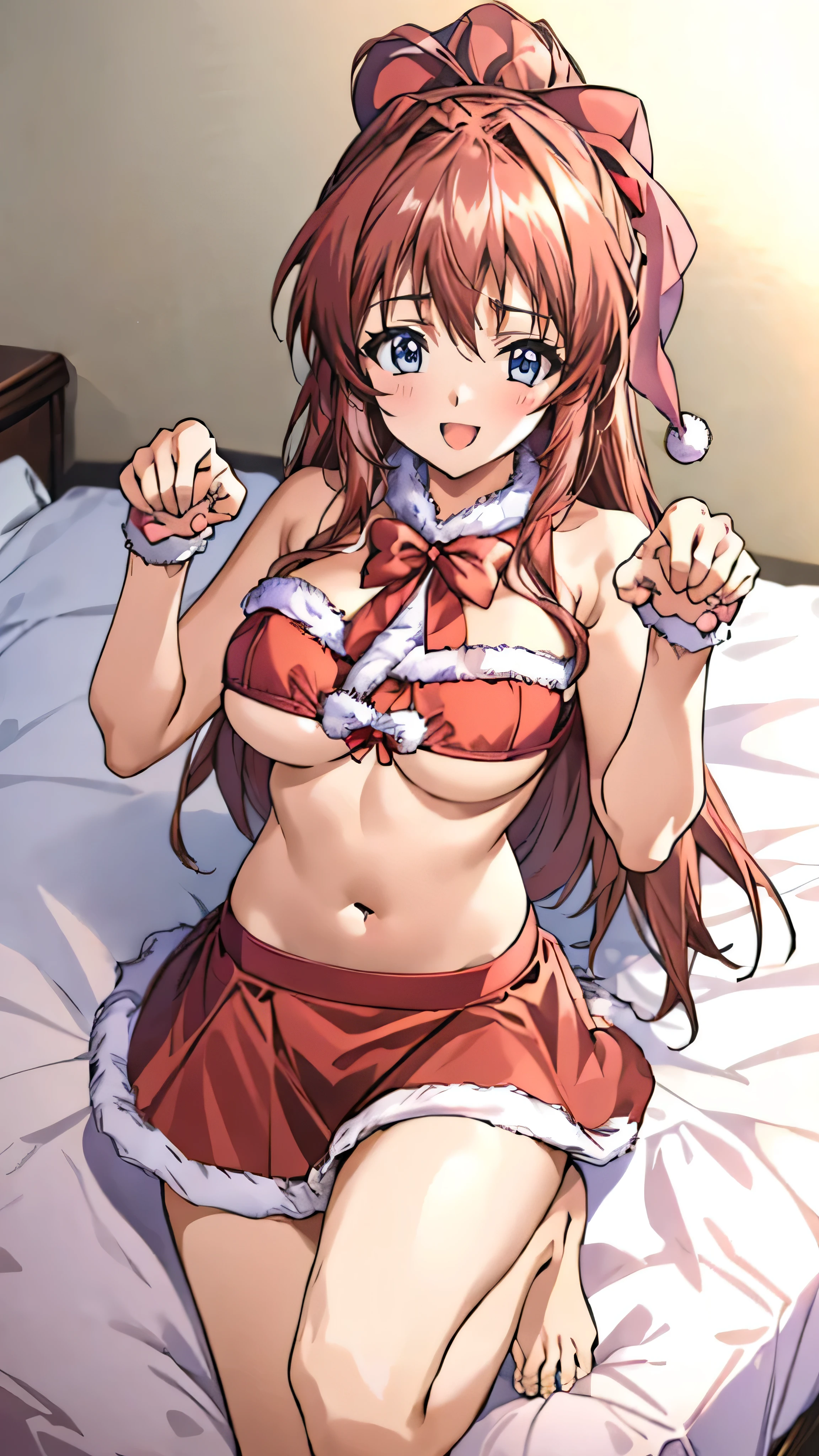 (Anime artwork, Anime Style, Studio Anime, Very detailed, up to date, Vibrant, Anime Coloring Book, High Contrast, masterpiece:1.2, Highest quality, Best aesthetics), (Beautiful and detailed:1.2), Aoikan, (1girl:1.3), hair ribbon, blush, (red bandeau top bra, fur-trimmed skirt, underboob, santa costume, red skirt), (((bed room:1.1))), Cute Smile Open your mouth On the bed,((paw pose:1.4)), Pink Good, From above, No pants,Two Arms,(Accurate fingertips, Browse 4, Thumb 1),wink,barefoot,