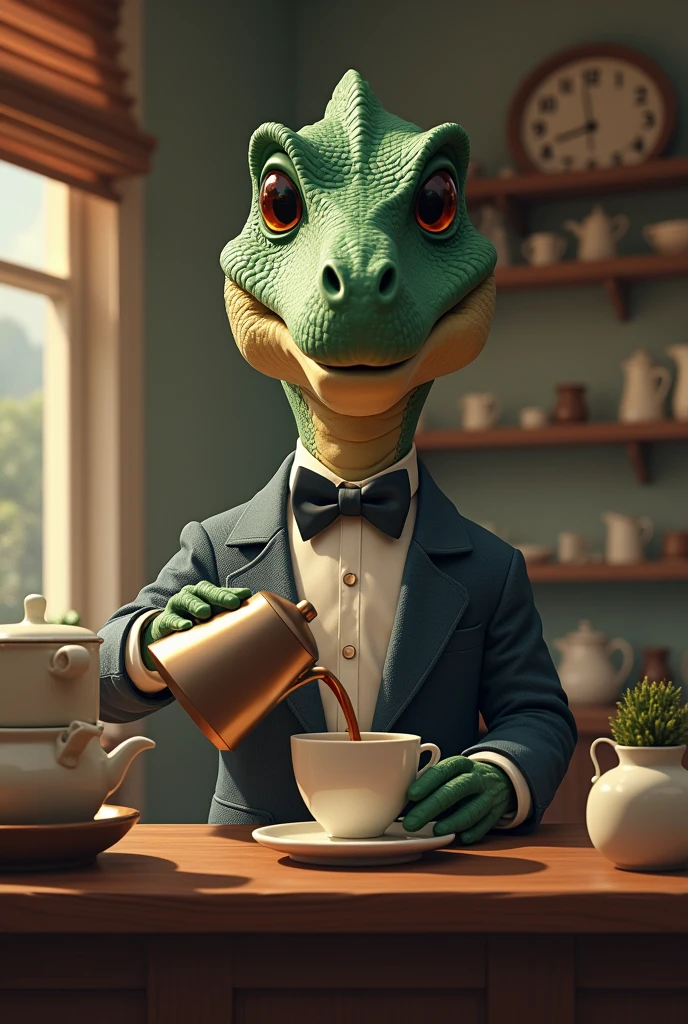 Dinosaur with bow tie and long sleeves、A dinosaur elegantly brewing coffee in a classical cafe、By drip、Calm、Over the counter Ceramic coffee pot Kettle Gentle expression
ennui