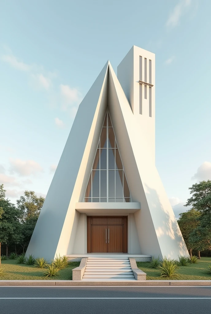 Exterior design , small baptist church with mezzanine , rectangular and triangular volume game , in the northeast of Brazil , with glass frames ,simple, modernist lines and ultra-realistic minimalist , 4K , ultra realistic render 16:9