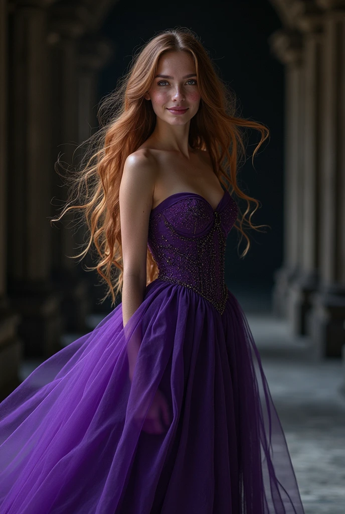A far away image of an extremely beautiful woman, of Brown hair, eyes the color of honey, smiling , with freckles, small nose, full lips, very feminine features, dressed in a very beautiful wide bright purple dress, in the middle of a completely black castle hallway