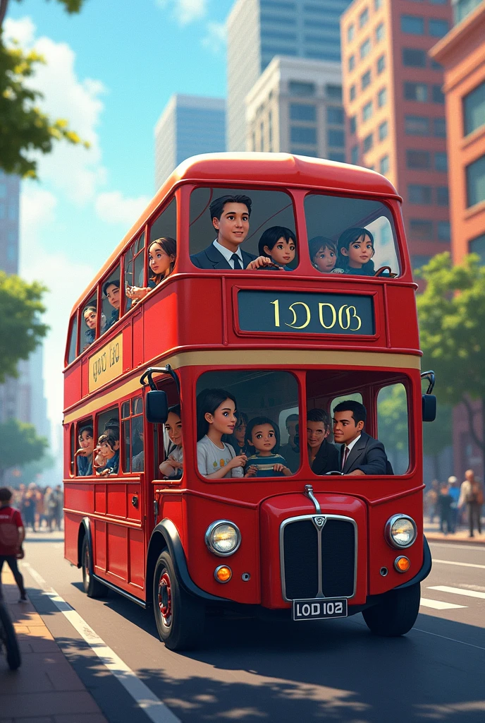 Dubble decker bus with roof with passengers and view of 2nd floor