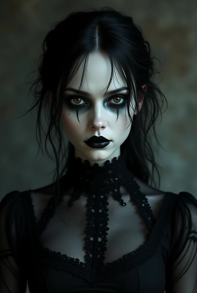 A pale woman with dark circles under her eyes. She wears a black lace outfit from the medieval period. Her hair is messy and straight, with a shade as black as night. She has small lips and wears black lipstick. She is scary.
