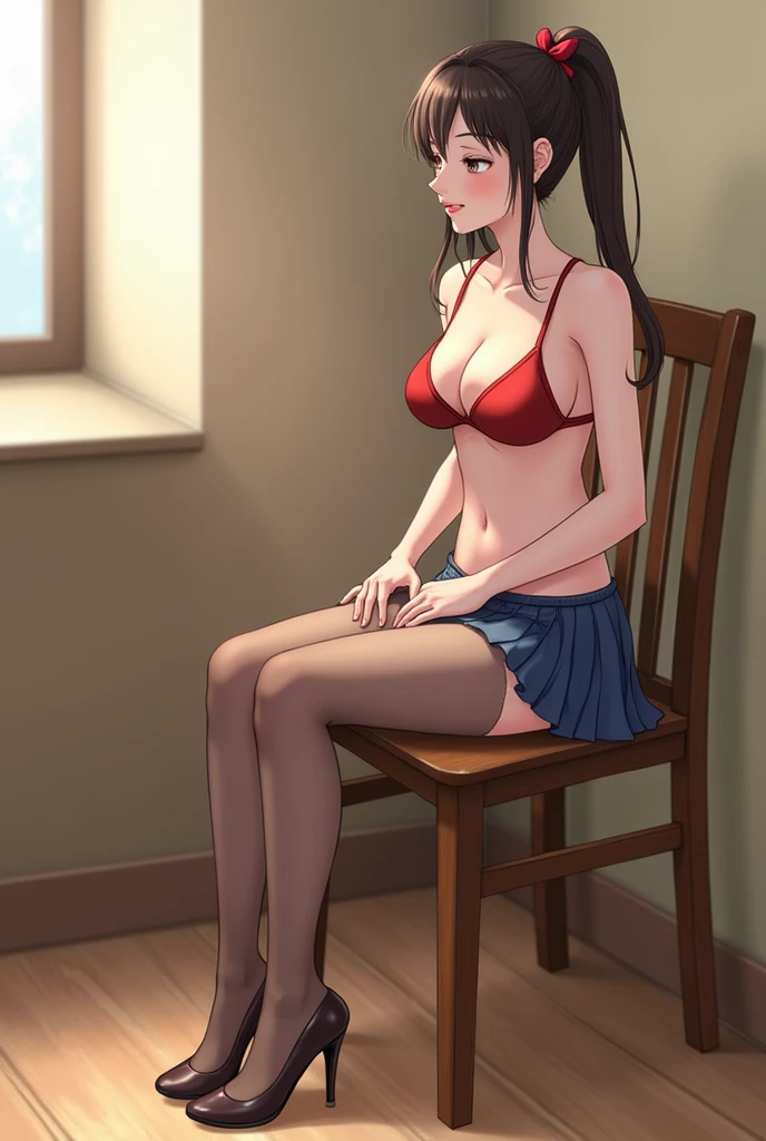 Realistic photos、Pay attention to the cute high school girl's face、bikini、Beautiful way to sit , Sit well, Taken from the opposite seat, skirt, High heels, pantyhose,