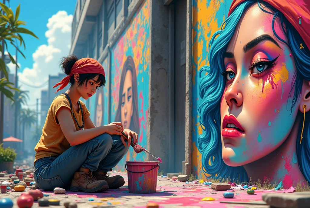 ((Highly detailed anime art)),Unbelievably absurd,Woman painting on wall,Sit and rest,Paint Bucket,paintbrush,bandana,Work clothes,step,There is paint everywhere,(((Wall Art))), ((masterpiece, Highest quality, Highly detailed CG, unity 8k wallpaper )),(masterpiece, Highest quality, Highest quality, Official Art, beautiful),Very vivid,High-precision images,Ultra-high resolution,Great art,Poster Art,Impressive photos,Graffiti Art Style,Face stained with paint,avert your eyes,Impressive art,beautiful顔,Perfect Face