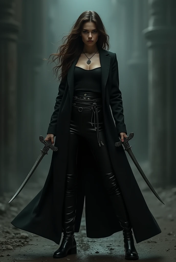 Girl with long wavy brunette hair wearing black necklace, black long jacket and black boots while holding daggers with both hands