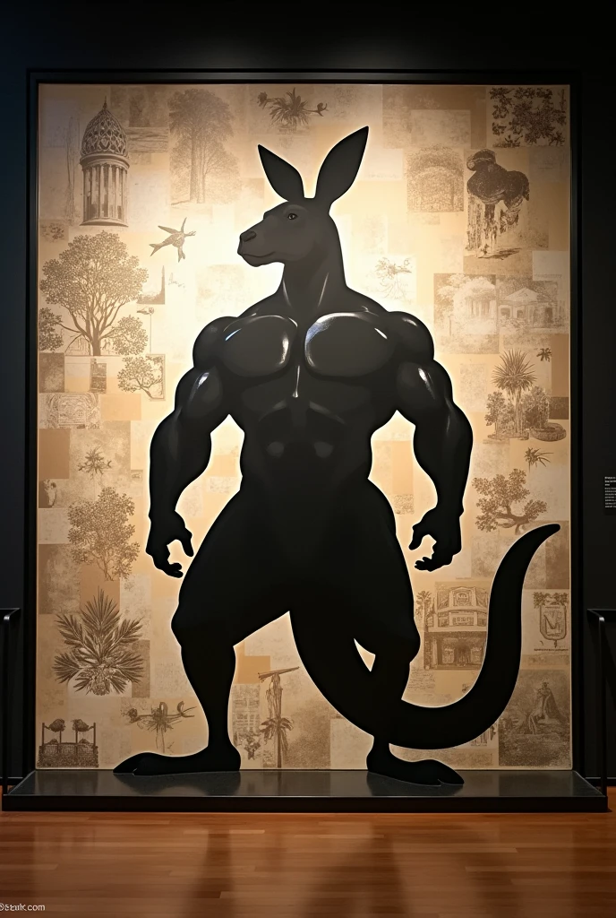 British art、Museum、Museum、exhibition、exhibition、Inorganic、Contemporary art、Satire、Silhouette of an extremely strong vigorexic kangaroo、mural、Street art、shadow、Saturation、Saturator、(masterpiece:1.2)、of the highest quality、epic scale、realist、realist、huge case、aquarium、Art displayed inside a waterless aquarium、detailed decoration、(It operates with a score of 0 on the Seaart rating system)、Fragmented theme、trick art、Weight、space、space的、Gravity、Attainable work of art、Using things that exist in our daily lives as a motif、collage、Photo montage、sf,4k, Details, masterpiece
