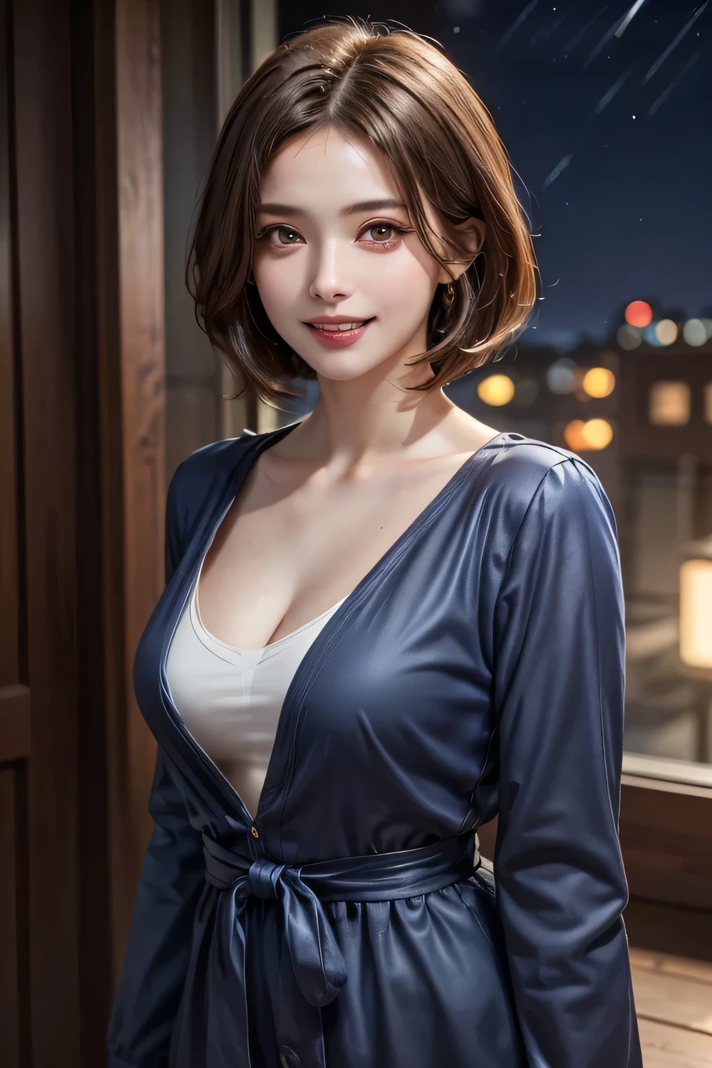 (highest quality, 8k, 32K, masterpiece), (Realistic), (Realistic:1.2), (High resolution), (night:1.7), Japan, cyber punk, 街の景Farbe, In front of the window,Wooden floor, Blue jacket, Grey Shirt, clavicle, jewelry, gem, Brunette Bob, 1 female, 4, (Grin), Beautiful body, beautifulNose, beautifulcharacter design, Perfect Eyes, perfectface, Expressive eyes, View your viewers, Center the image, (Cowboy Shot), Official Art, Very detailed CG Unity 8k wallpaper, Perfect lighting,Farbeful, bright_front_face_Lighting,Glowing Skin, (masterpiece:1.0),(Highest_quality:1.0), 超High resolution,4K,Very detailed, photograph, 8k, High resolution, High resolution, absurdes:1.2, Kodak Port 400, Film Grain, Blurred Background, bokeh:1.2, Lens flare, (Vibrant_Farbe:1.2) (beautiful,chest), (beautiful_face:1.5),(narrow_Waist)