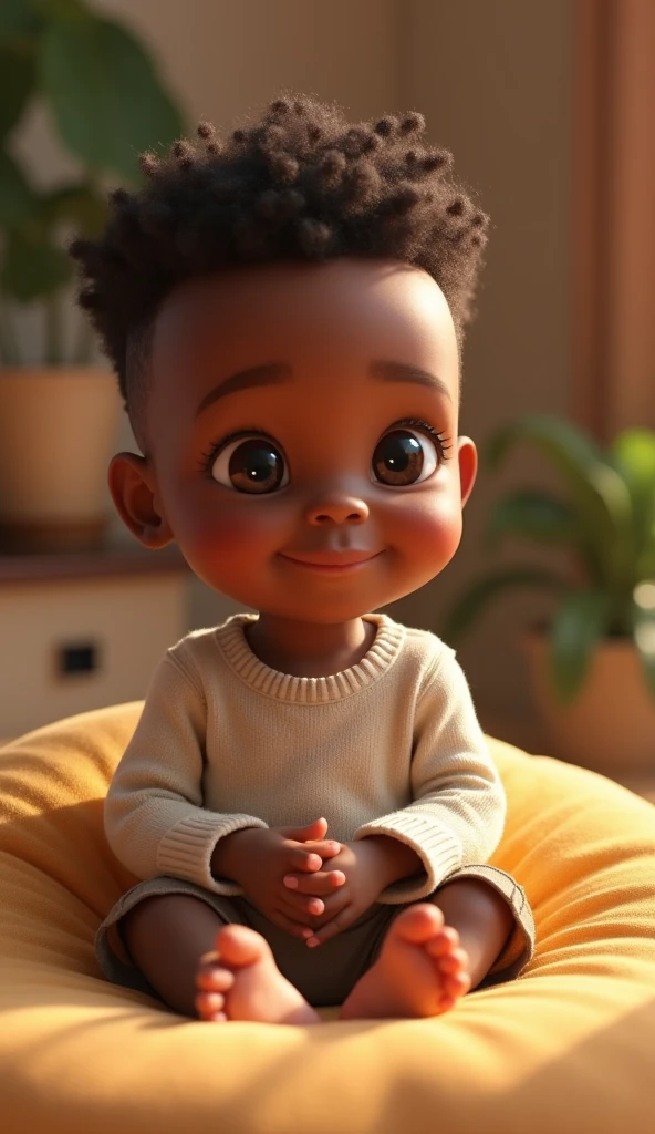 Create UHD photorealistic realistic image, no animation, no 3D image, no Pixar style. A 22-month-old French boy of mixed African and French descent, with short curly hair and warm brown eyes, sitting on a large cushion with a gentle smile. The background shows a cozy, softly lit room with warm colors. Shot with a Sony Alpha 7R IV, 85mm lens, f/1.4, capturing the softness of the scene and his comforting presence. His five fingers are visible, perfect for a family album.