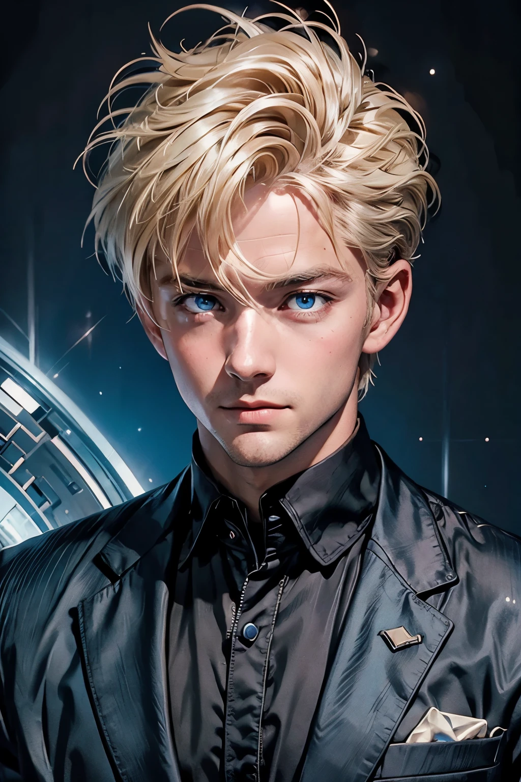 A handsome man. Blonde hair and blue eyes. Early thirties. He is looking at the camera with a serious expression. He is wearing a black business suit. Parallel universe, multi-world interpretation image in the space behind him.