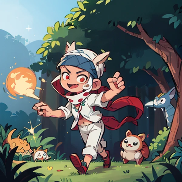White Spiked Beetle, Pangolins skin, Circle Eye, Zig zag Mouth, Fez Hat, blue tracksuit, Black Keffiyeh Arab Head Scarf Headwear, by Guillaume Renard \(skchkko\), happy, running, claw pose, looking at viewer, Jungle on Midnight