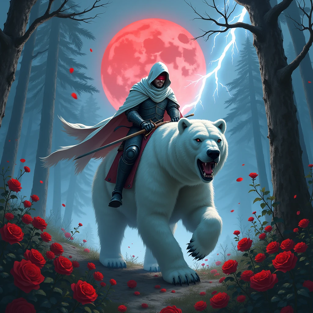 male knight with a white hood with bear ears holding a double blade is riding a polar bear in a forest while the moon shines, many Roses cover the ground and lightning falls from the sky. The polar bear has black eyes and an aggressive appearance. Only the man wears a red fold. In the background of the picture is the blood moon. The forest is full of trees with leaves.