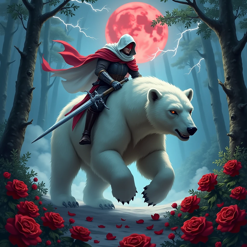   male knight with a white hood with bear ears holding a double blade is riding a polar bear in a forest while the moon shines, many Roses cover the ground and lightning falls from the sky. The polar bear has black eyes and an aggressive appearance. Only the man wears a red blindfold. In the background of the picture is the blood moon. The forest is full of trees with leaves.