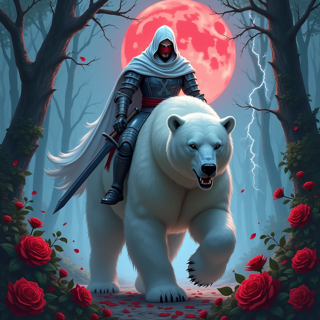   male knight with a white hood with bear ears holding a double blade is riding a polar bear in a forest while the moon shines, many Roses cover the ground and lightning falls from the sky. The polar bear has black eyes and an aggressive appearance. Only the man wears a red blindfold. In the background of the picture is the blood moon. The forest is full of trees with leaves.