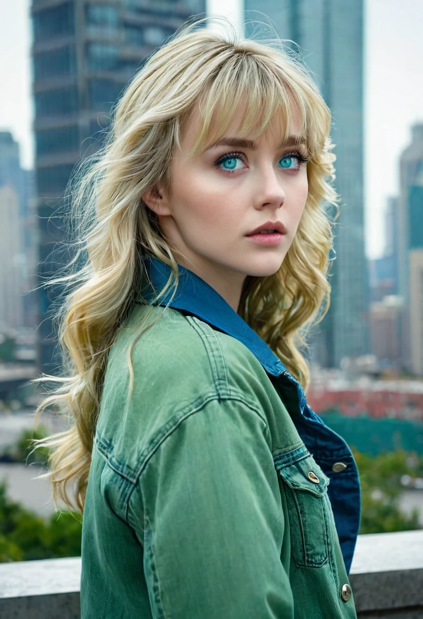 Kizi, blond, Long wavy hair, blue colored eyes, good looking, mournful look, green jacket, blue jeans, the bangs were removed back, a skyscraper girlfriend, full of height
